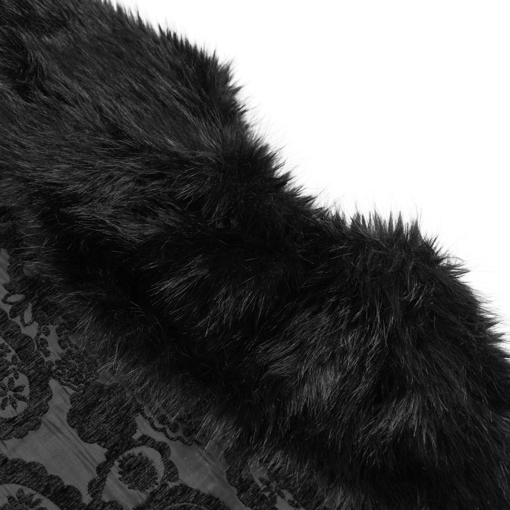 Close-up of the faux fur collar on the Male Gothic Cape with Faux Fur Collar and Hem Trim.