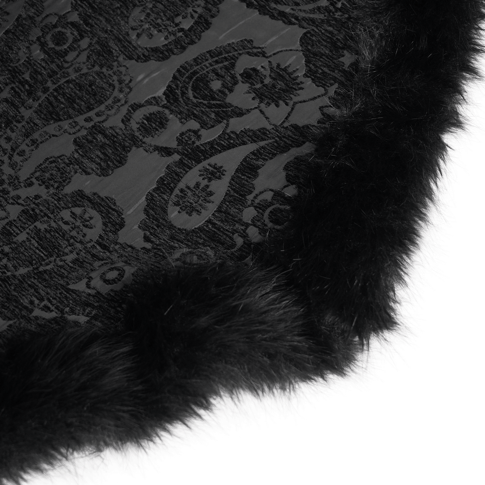 Close-up of the Male Gothic Cape with Faux Fur Collar and Hem Trim featuring a dark brocade pattern and faux fur edges.