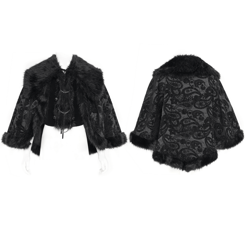 Male Gothic Cape with Faux Fur Collar and Hem Trim featuring occult style paisley design and flowing sleeves.