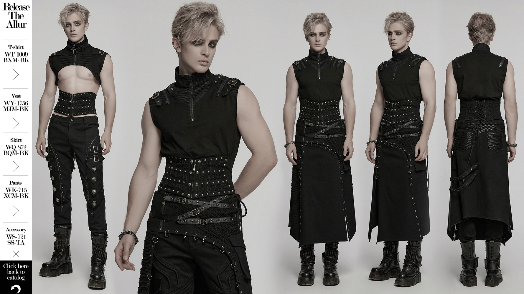Stylish male model showcasing a gothic punk corset belt with rivets and a lace-up back, exuding rebellion and edge.
