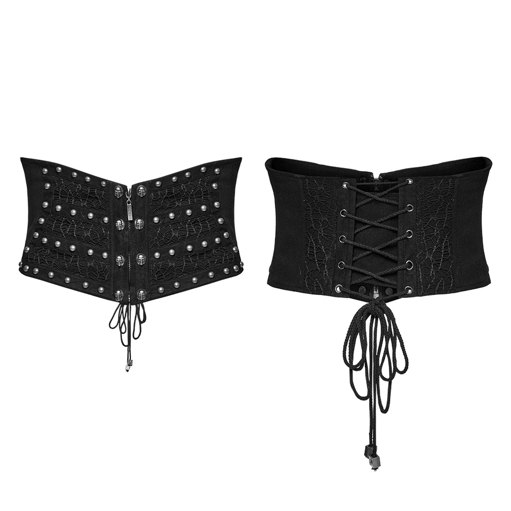 Male gothic corset belt with rivets and lace-up back for punk style outfits.