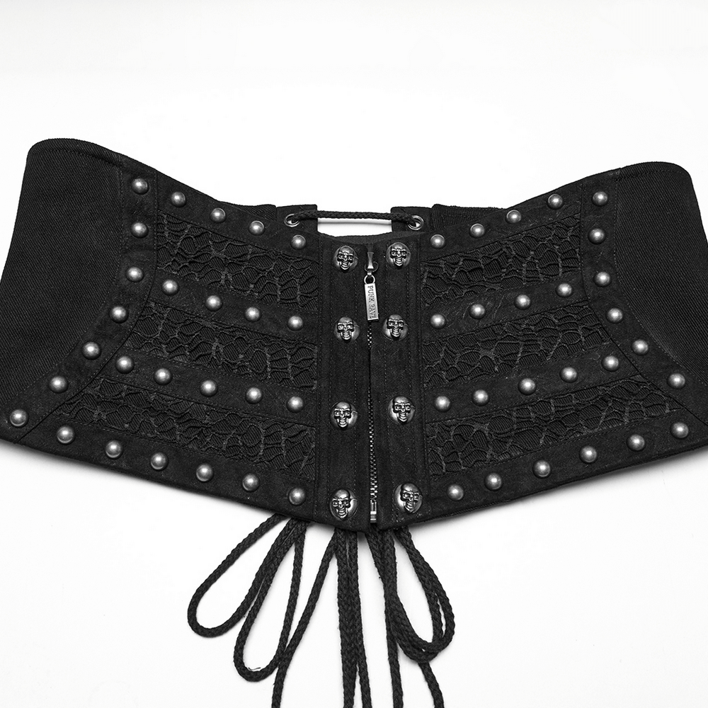Black male gothic corset belt featuring rivets, lace-up back, and a zipper front for punk rock style.