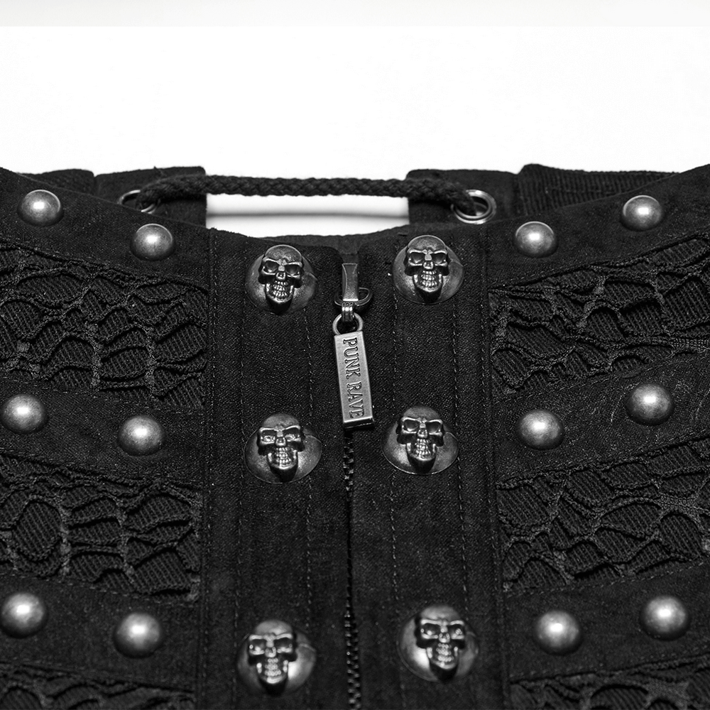 Close-up of male gothic corset belt featuring rivets, skull details, and a zipper for a punk rock look.
