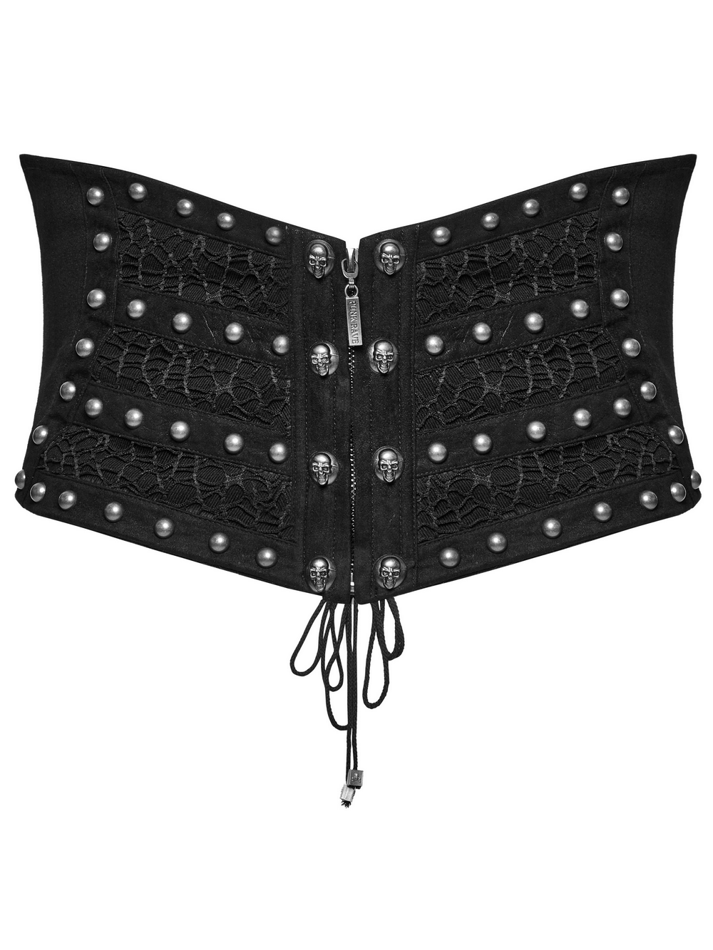 Male Gothic corset belt with rivets, lace-up back, and zipper front for a punk rock style.