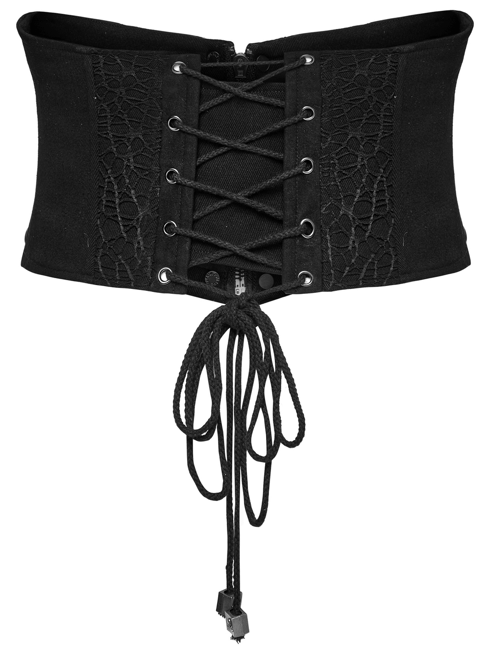 Black gothic corset belt with zipper front, lace-up back, and studded details for punk fashion.
