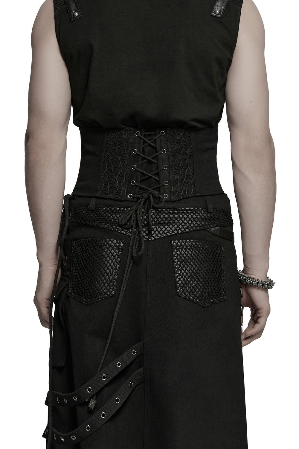 Back view of a male wearing a gothic corset belt with lace-up detail and studded accents, perfect for punk fashion.