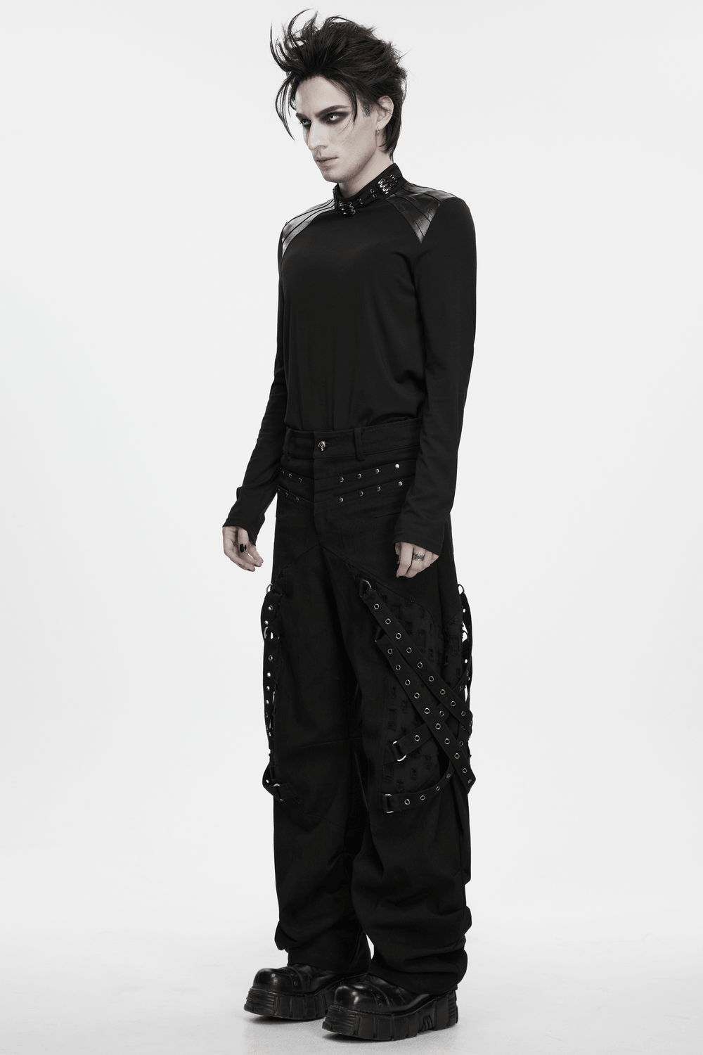 Male Gothic High Neck Long Sleeved Top with Metal Buckles black punk shirt with claw buckle and shoulder panels