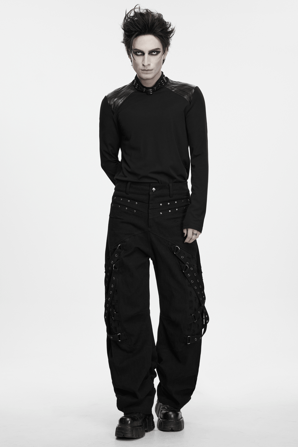 Male Gothic High Neck Long Sleeved Top with Metal Buckles, black punk shirt with shoulder panels and claw buckle