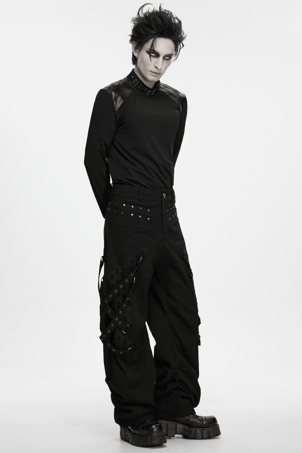 Male Gothic High Neck Long Sleeved Top with Metal Buckles, black punk shirt with shoulder panels and back zipper