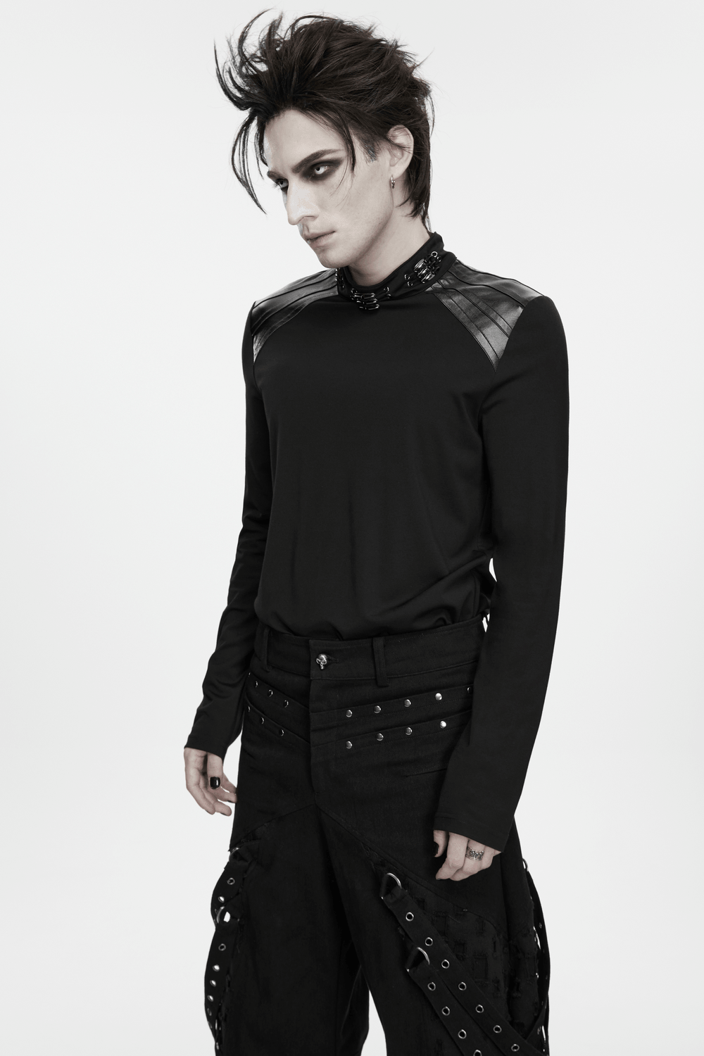 Male Gothic High Neck Long Sleeved Top with Metal Buckles black punk top with shoulder panels and back zipper