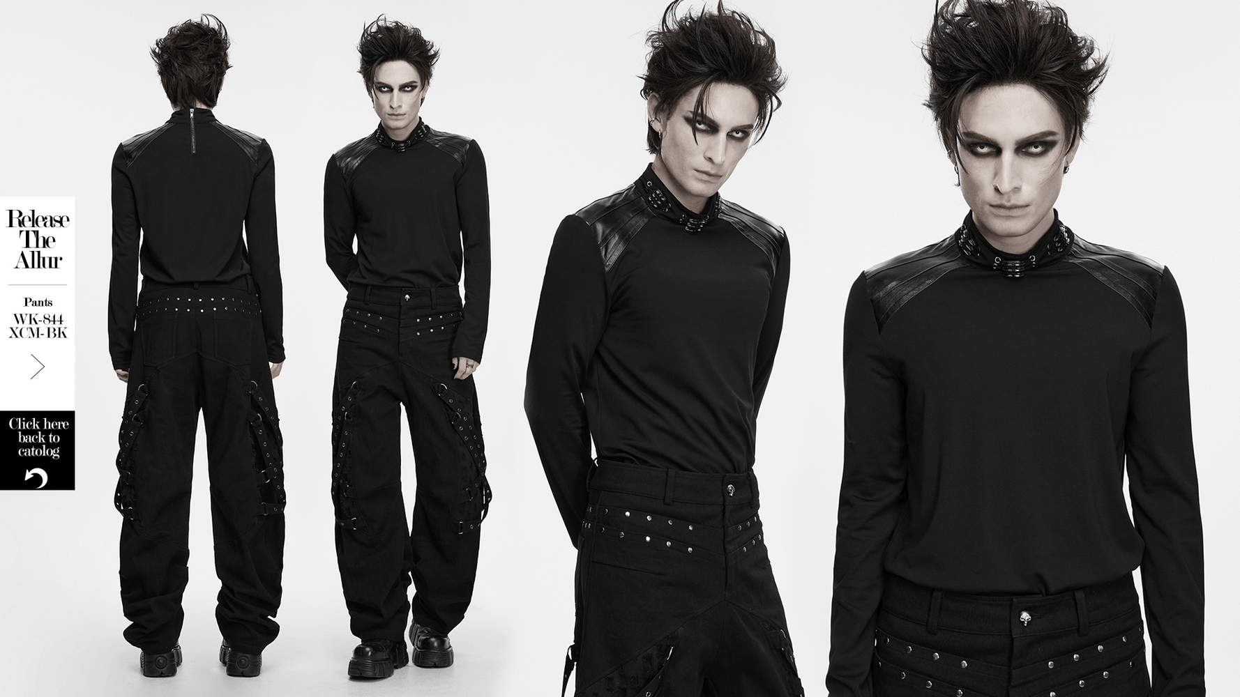 Male Gothic High Neck Long Sleeved Top with Metal Buckles black punk shirt with shoulder panels and back zipper