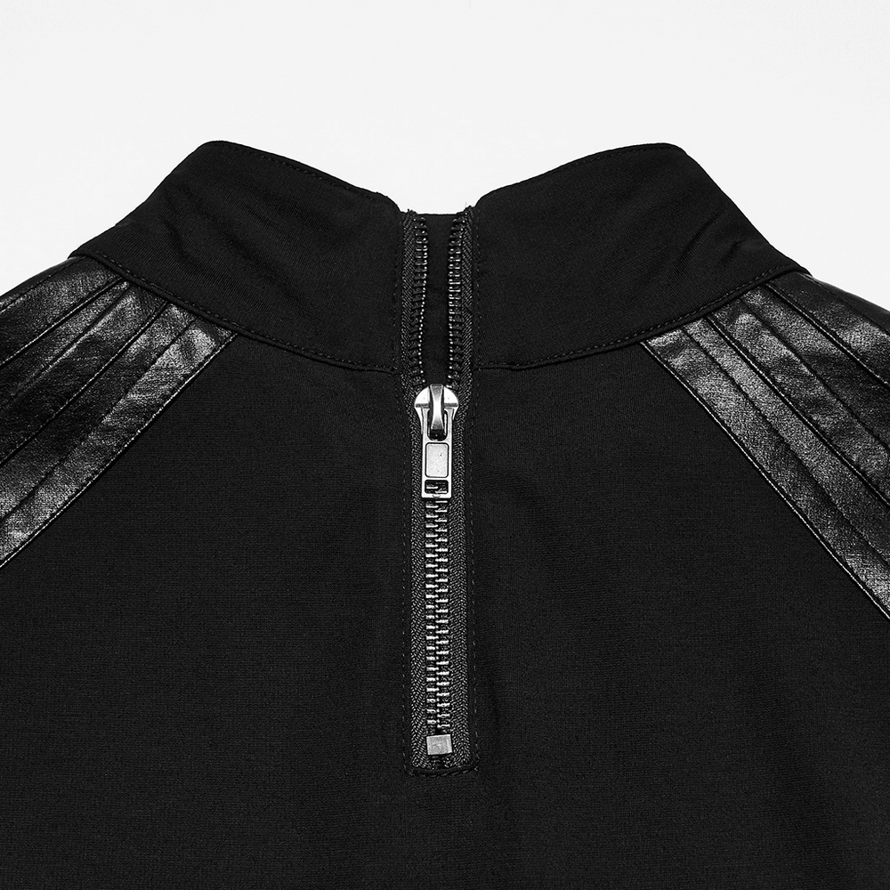 Male Gothic High Neck Long Sleeved Top with Metal Buckles black punk top with zipper and glossy shoulder panels