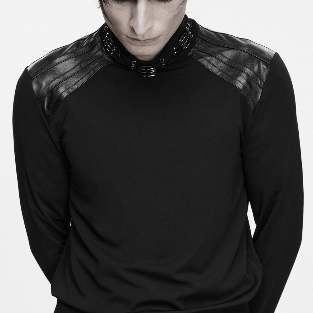 Male Gothic High Neck Long Sleeved Top with Metal Buckles, black punk shirt with shoulder panels and claw buckle