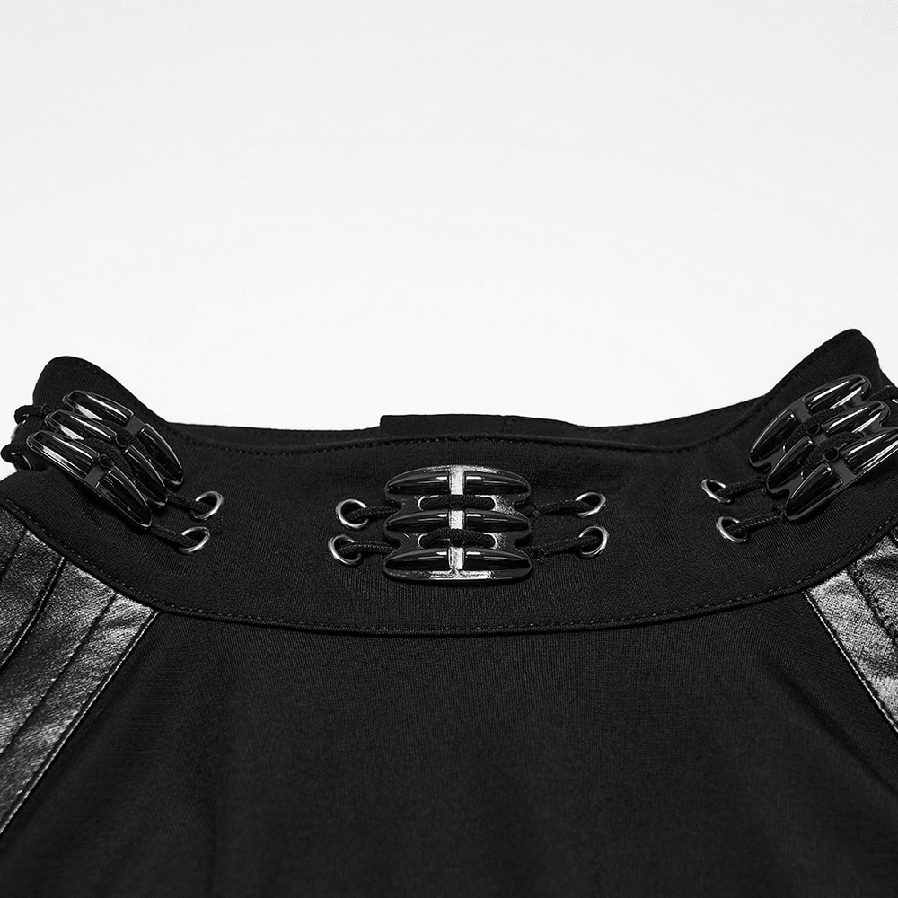 Male Gothic High Neck Long Sleeved Top with Metal Buckles black punk top with claw buckle and shoulder panels