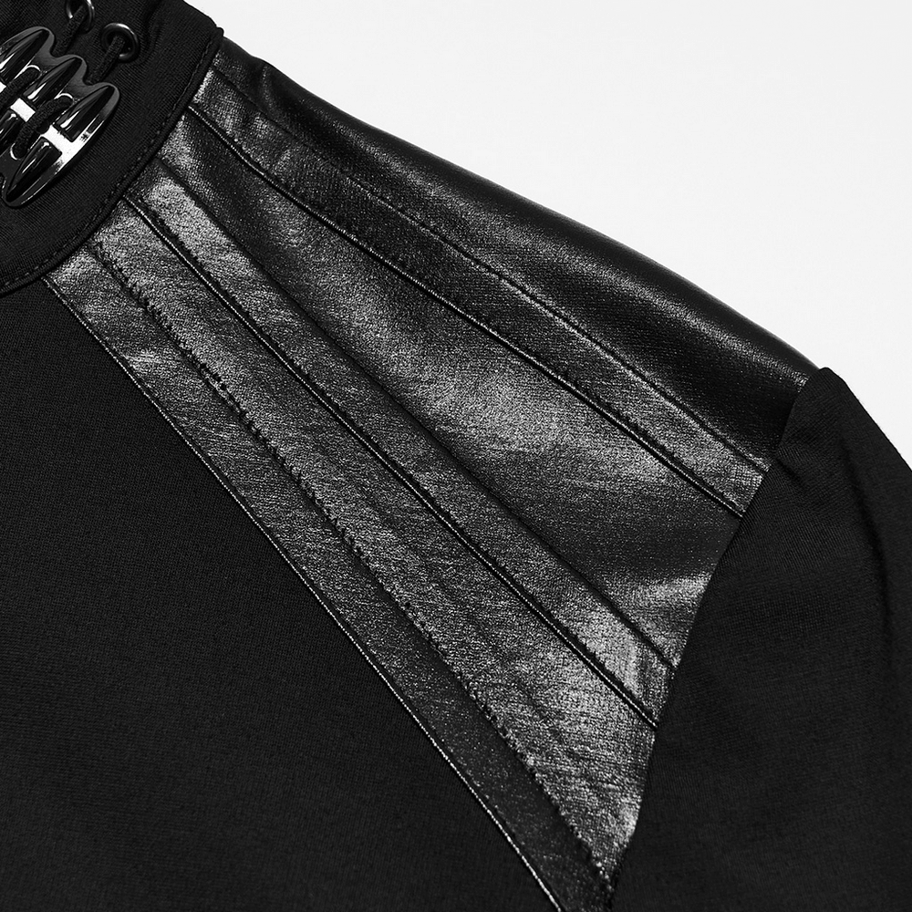 Male Gothic High Neck Long Sleeved Top with Metal Buckles black punk shirt with glossy shoulder panels and high collar