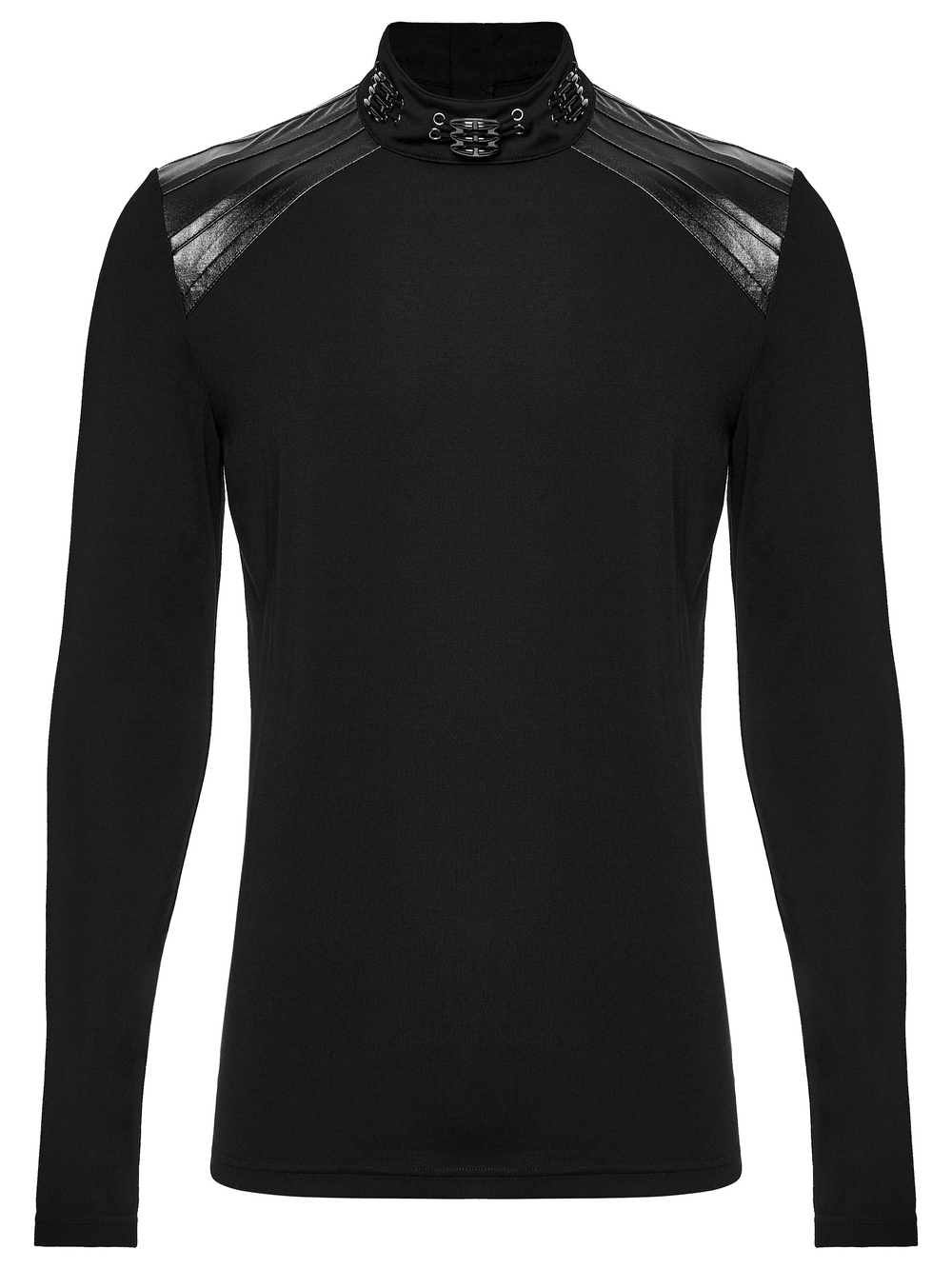 Male Gothic High Neck Long Sleeved Top with Metal Buckles, black punk shirt with claw collar and shoulder panels