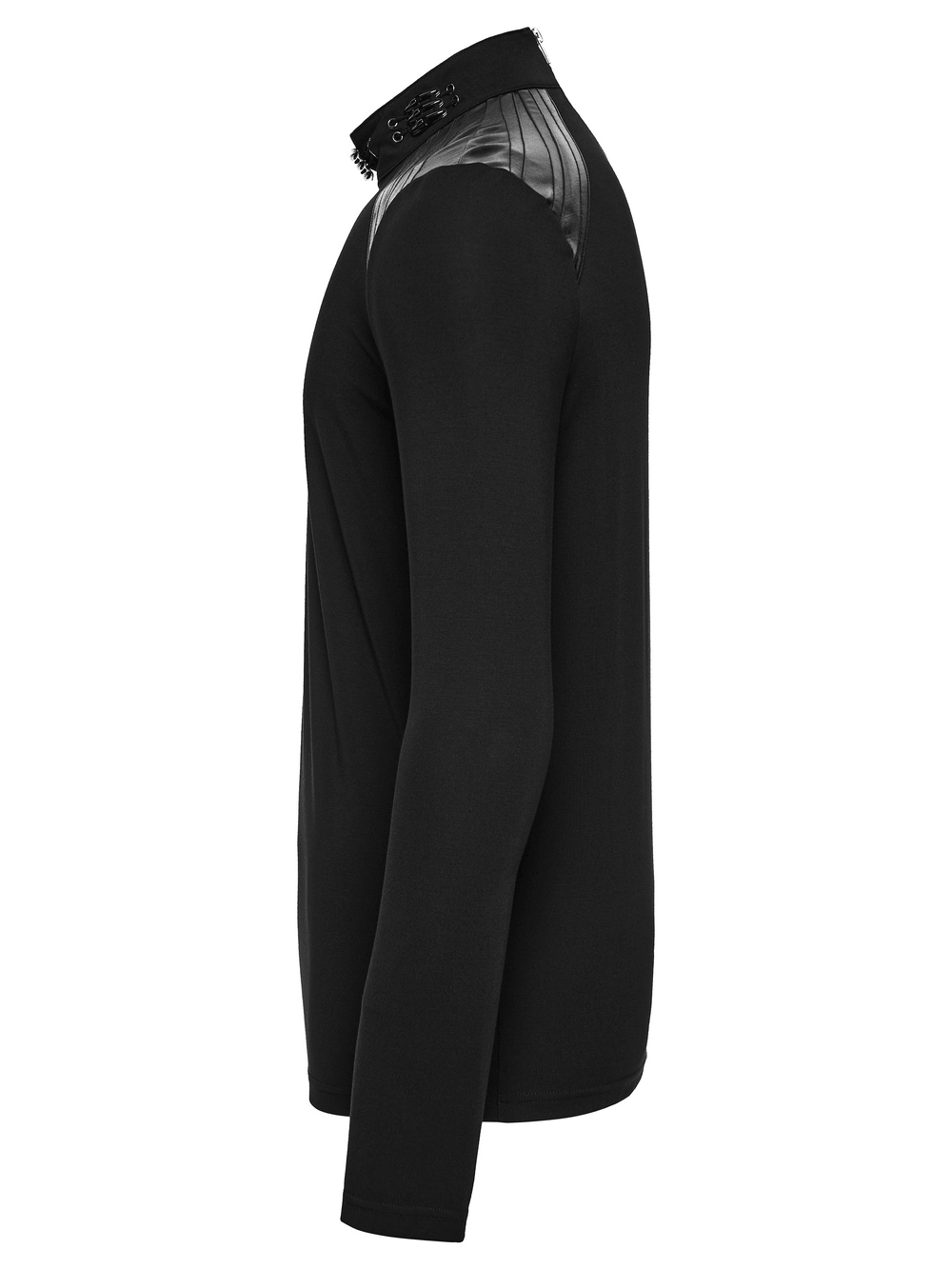 Male Gothic High Neck Long Sleeved Top with Metal Buckles black punk shirt with shoulder panels and back zipper