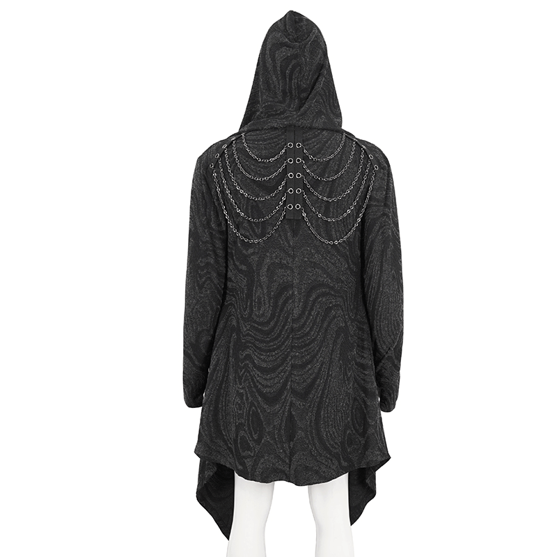 Back view of the male gothic irregular hooded coat featuring dramatic multi-chain detailing.
