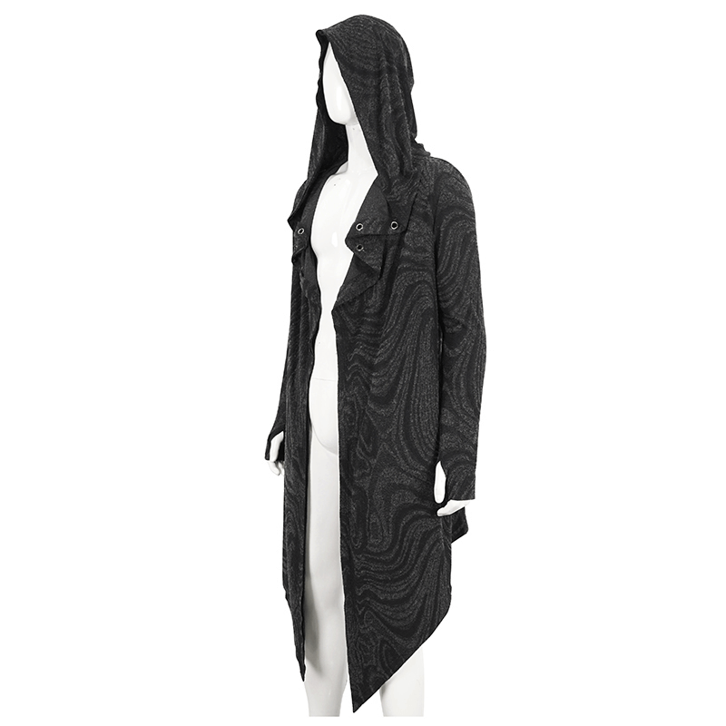 Male gothic irregular hooded coat showcasing an asymmetrical design and dramatic hood.