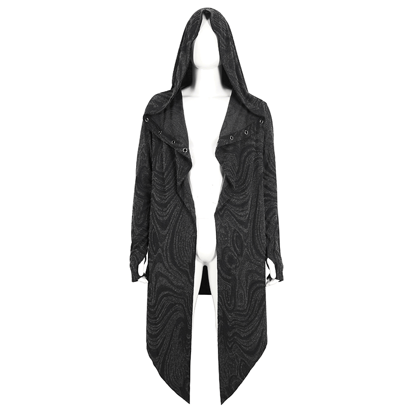 Male gothic irregular hooded coat with asymmetrical design and dramatic hood for alternative style.