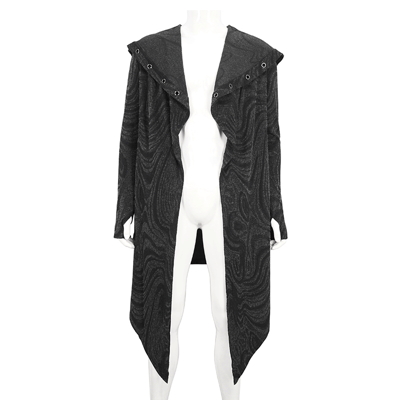 Male gothic hooded coat with irregular design and multi-chain detailing, showcasing alternative fashion style.