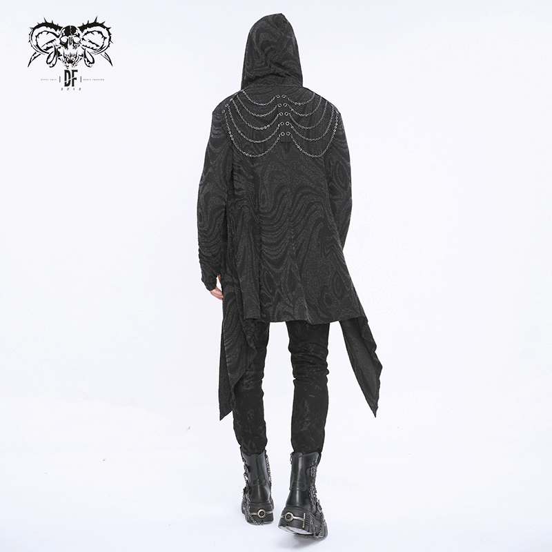 Back view of a male gothic hooded coat featuring multi-chain detailing and an asymmetrical design.