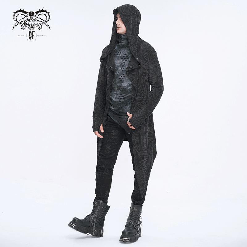 Male gothic irregular hooded coat with chains, showcasing alternative fashion style.