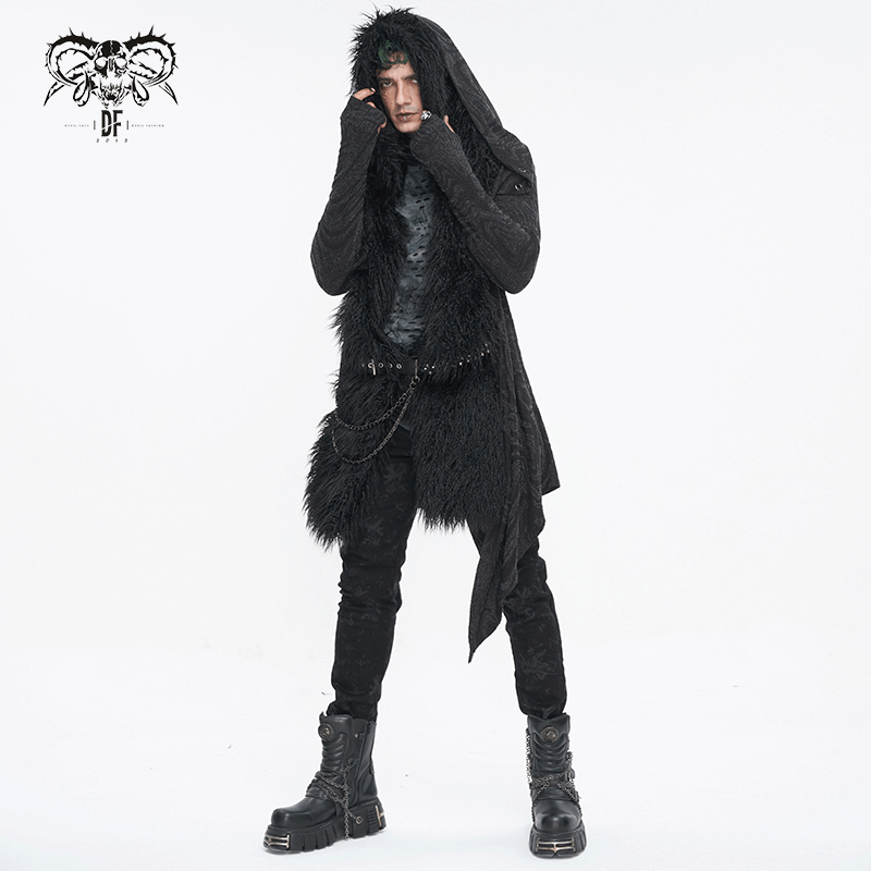 Male gothic irregular hooded coat with chains, showcasing alternative fashion and daring style.
