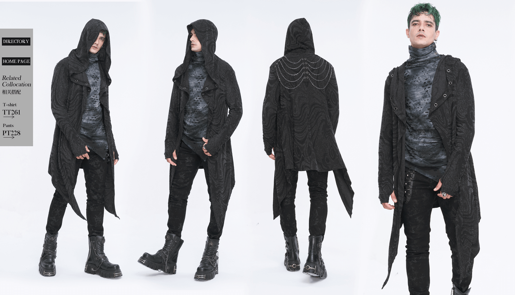 Male gothic irregular hooded coat showcasing multi-chain detailing, perfect for alternative fashion enthusiasts.