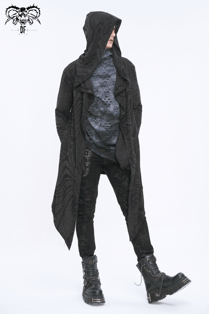 Male gothic irregular hooded coat featuring multi-chain detail, perfect for alternative fashion enthusiasts.