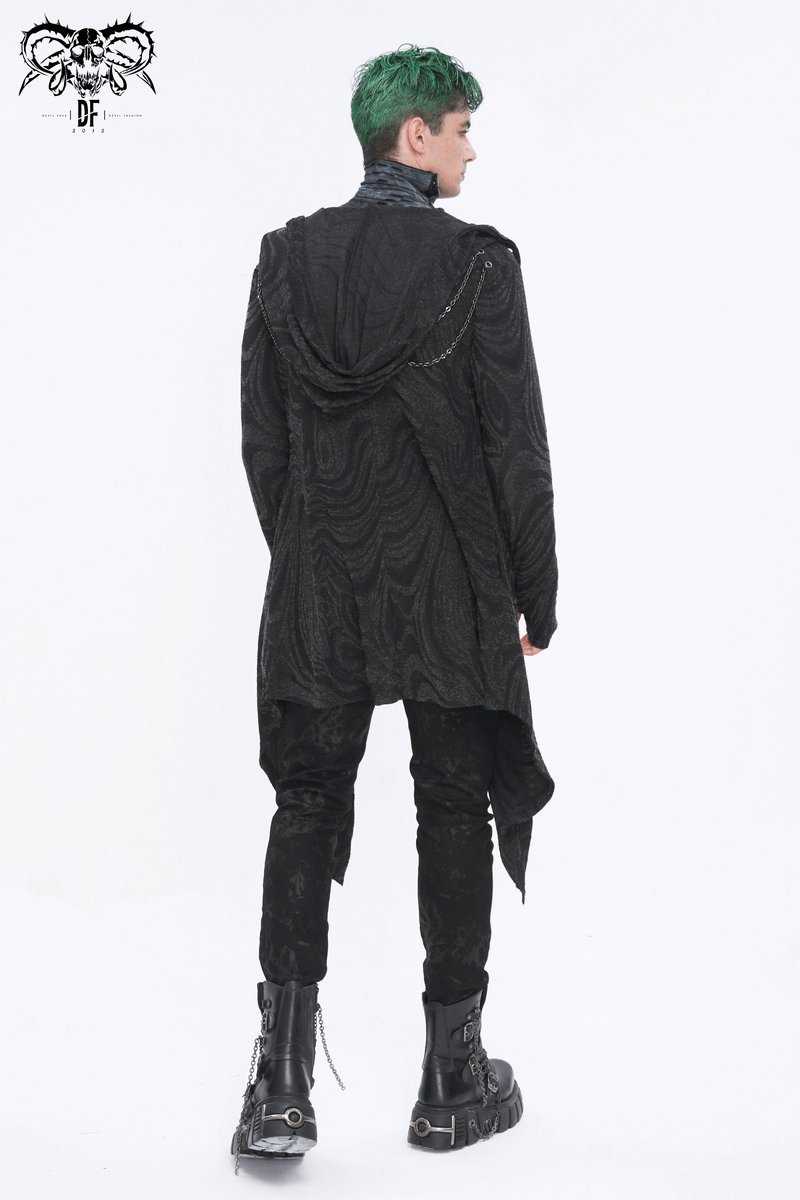 Male gothic irregular hooded coat with multi-chain detail, perfect for alternative fashion enthusiasts.