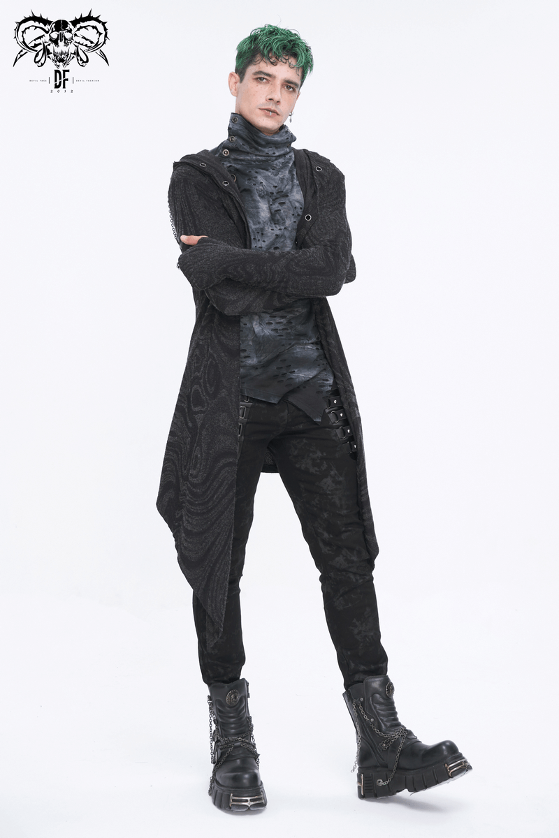 Male wearing a Gothic irregular hooded coat with chains, showcasing alternative style and dark fashion.