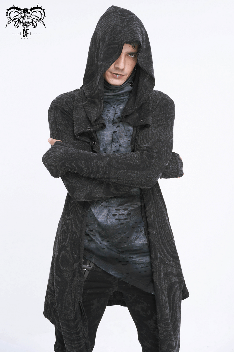 Male in a gothic irregular hooded coat, showcasing multi-chain detailing and a dramatic style.