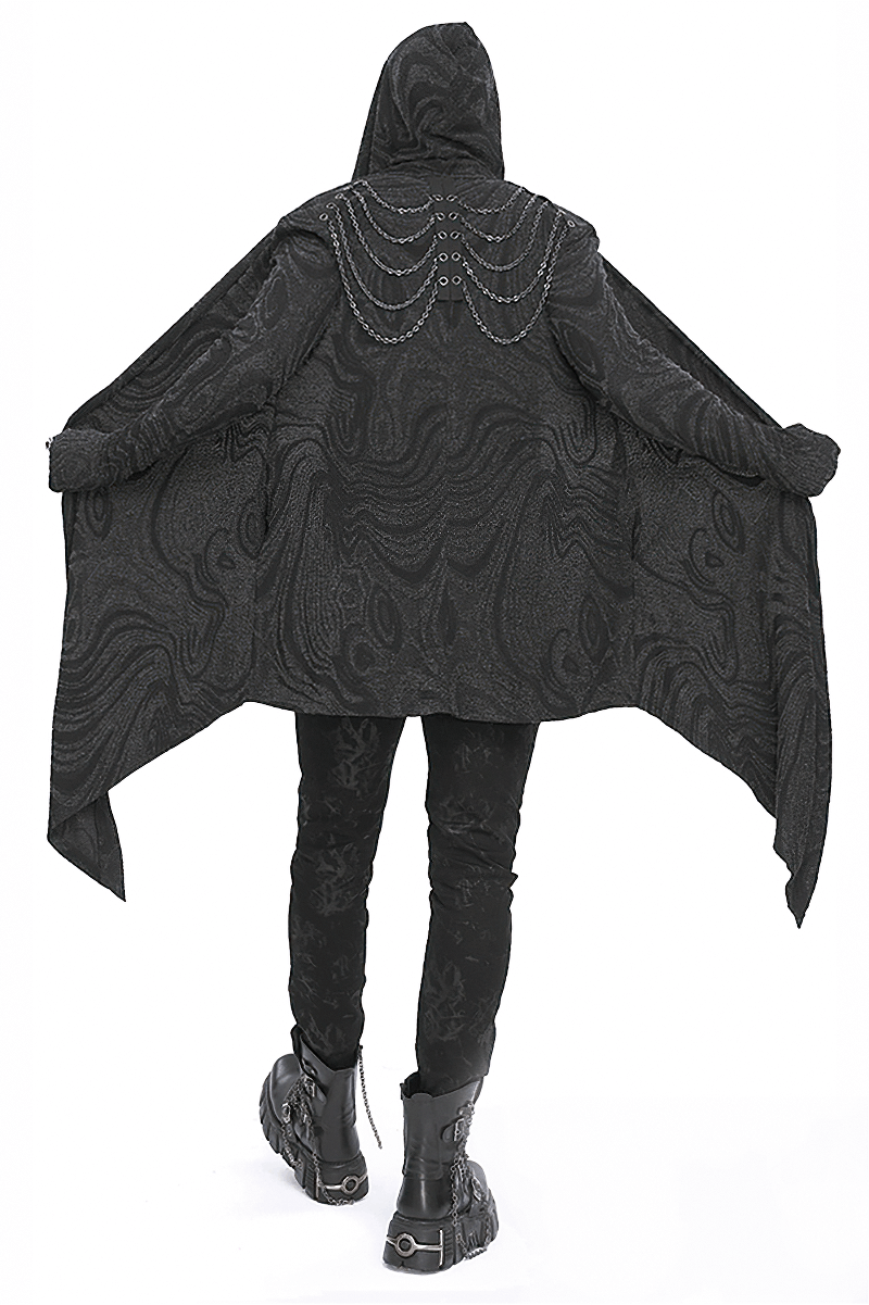 Men's gothic irregular hooded coat with multi-chain detail, showcasing a dramatic alternative style.