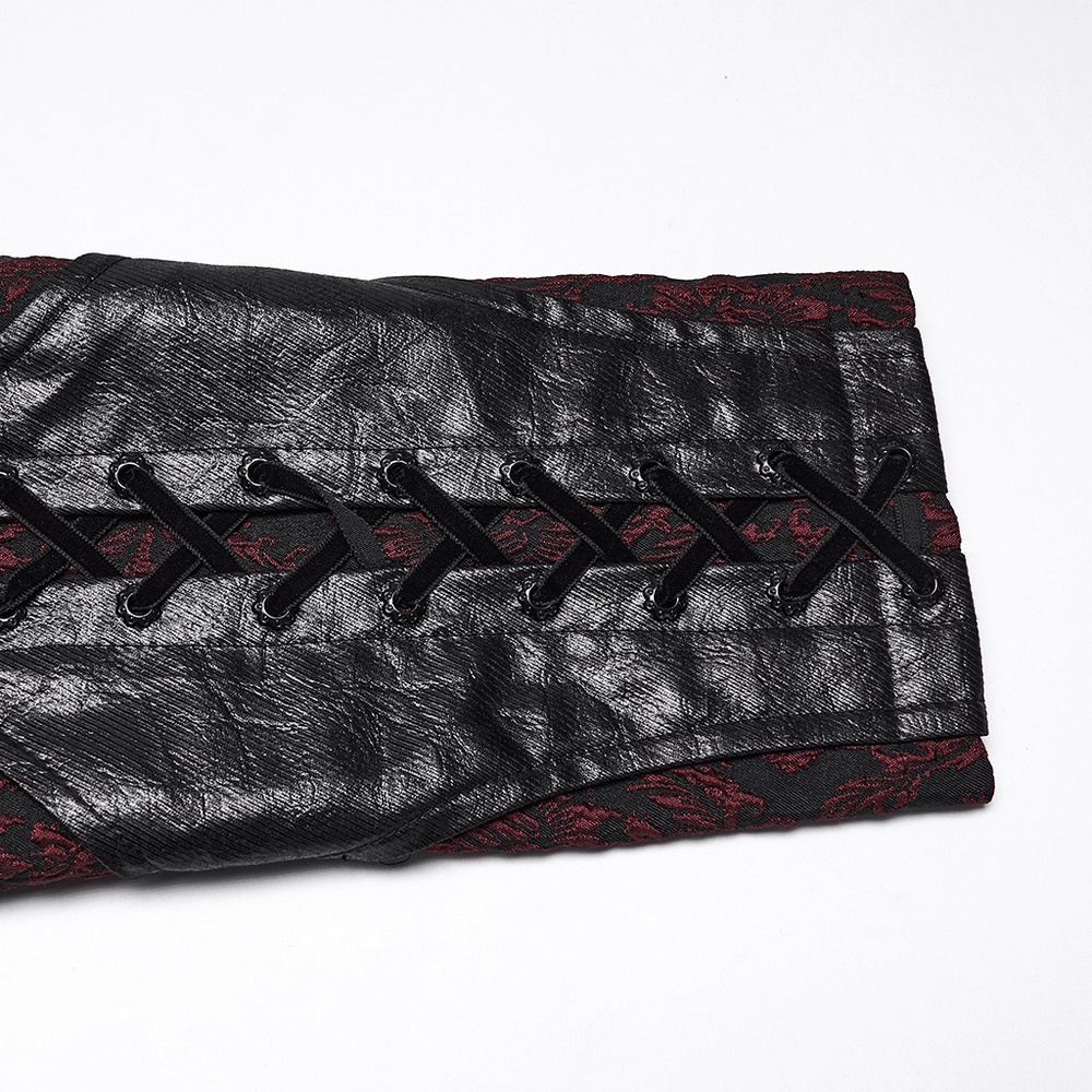 Male Gothic Jacquard Long Coat with Leather Details showcasing intricate lace-up details and rich textures.