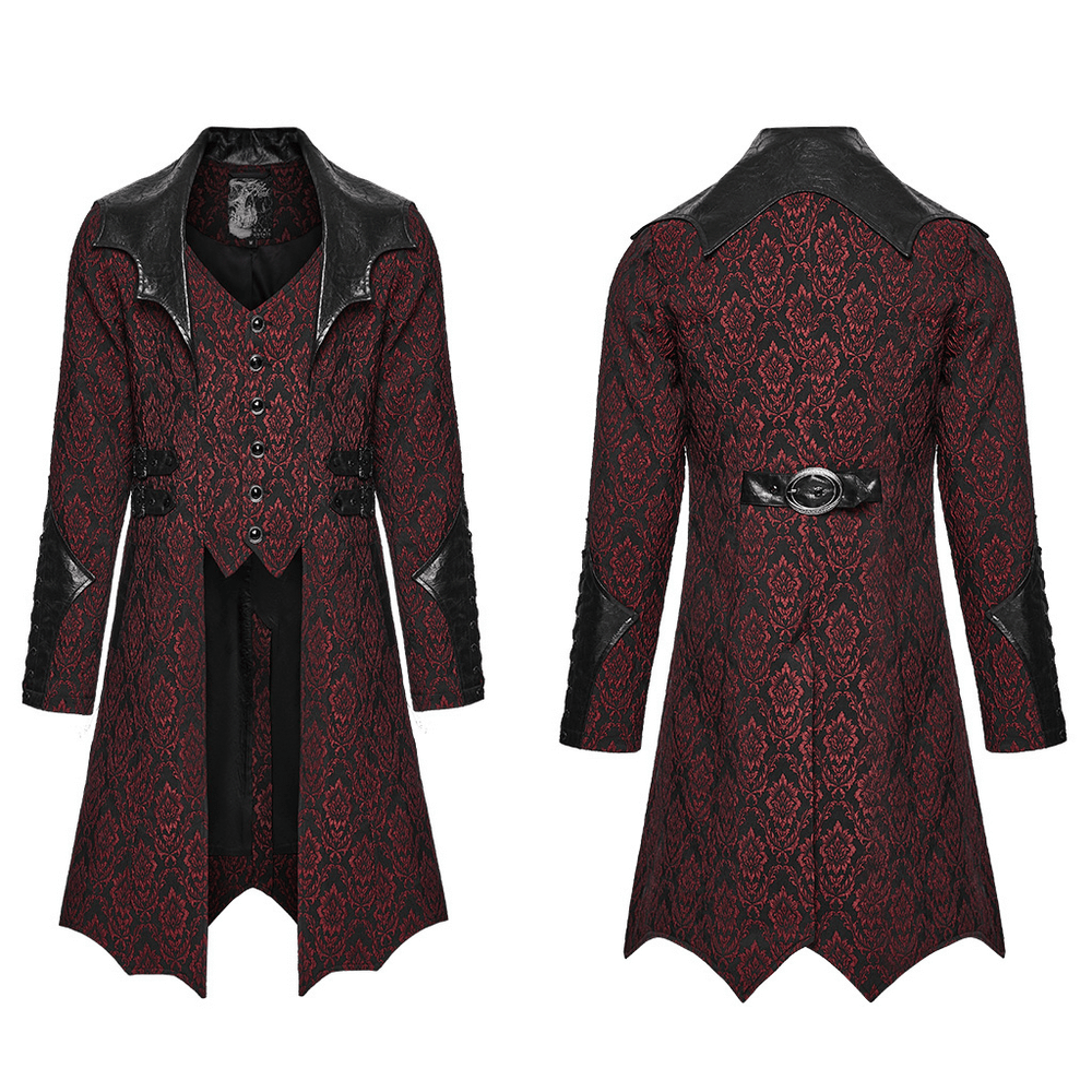 Male Gothic Jacquard Long Coat with Leather Details featuring bat collar and gemstone buttons, perfect for dark fantasy outfits.