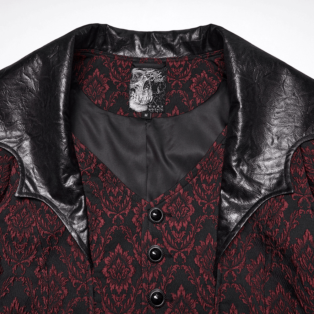 Male Gothic Jacquard Long Coat with Leather Details featuring a bat collar and gemstone buttons.