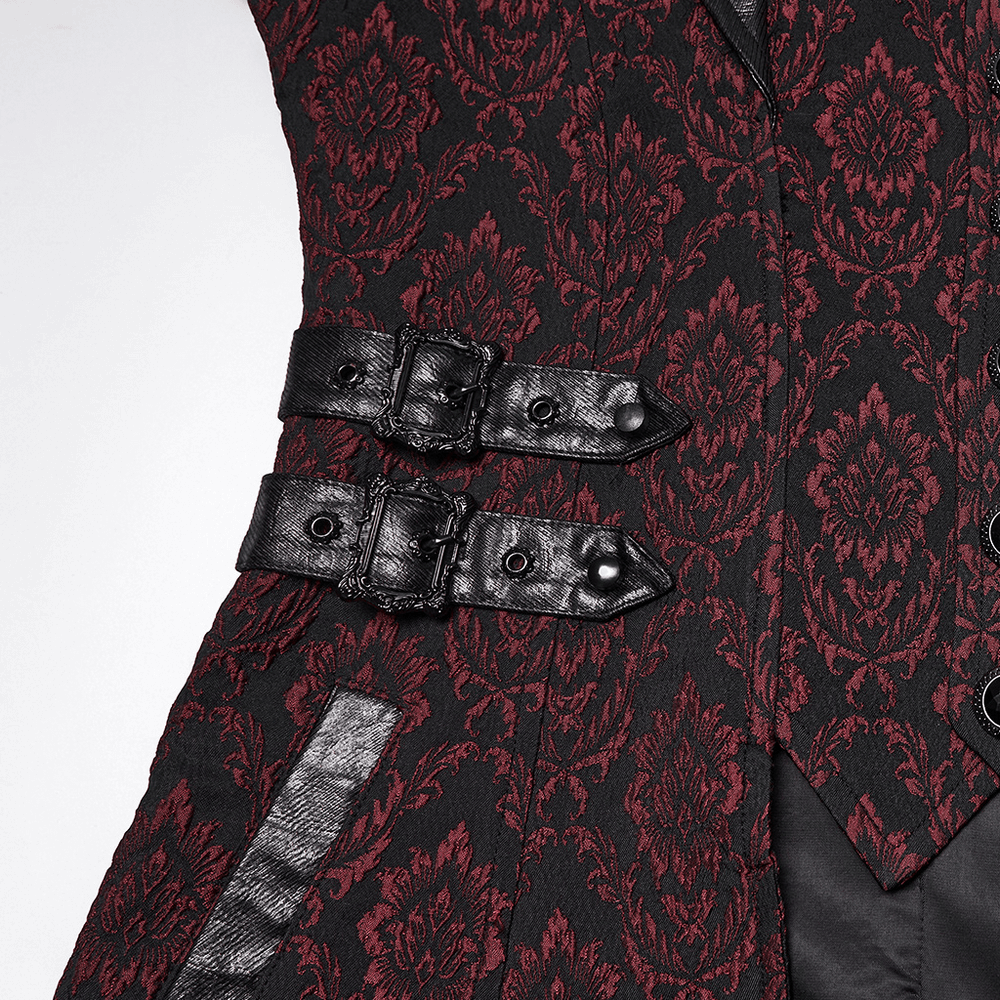 Male Gothic Jacquard Long Coat with Leather Details featuring intricate bat collar and double buckle details.