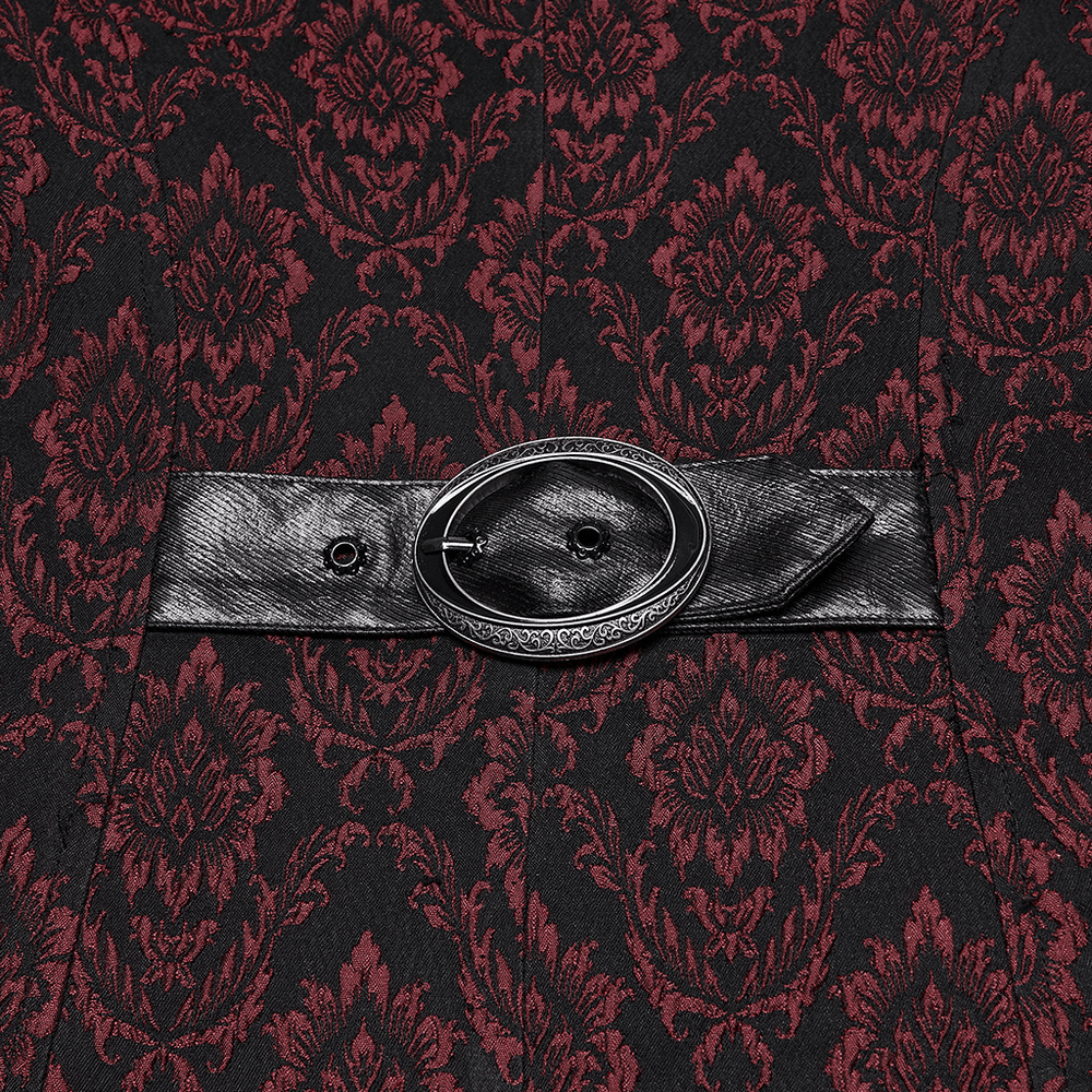 Detail view of the Male Gothic Jacquard Long Coat with Leather Details featuring a stylish belt and intricate jacquard pattern.