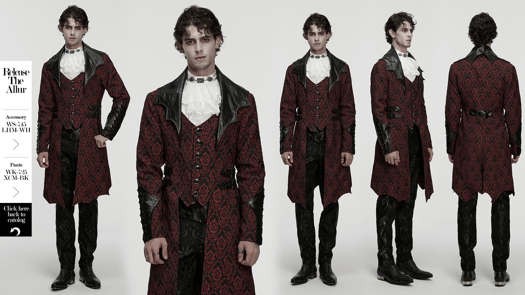 Male Gothic Jacquard Long Coat with Leather Details worn from multiple angles, showcasing its bat collar and gemstone buttons.