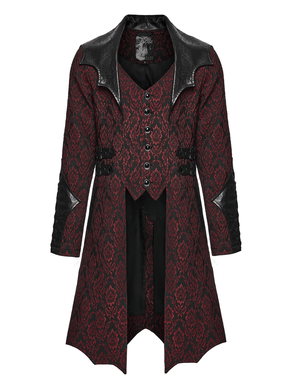 Male Gothic Jacquard Long Coat with Leather Details featuring bat lapel and gemstone buttons for dramatic flair.