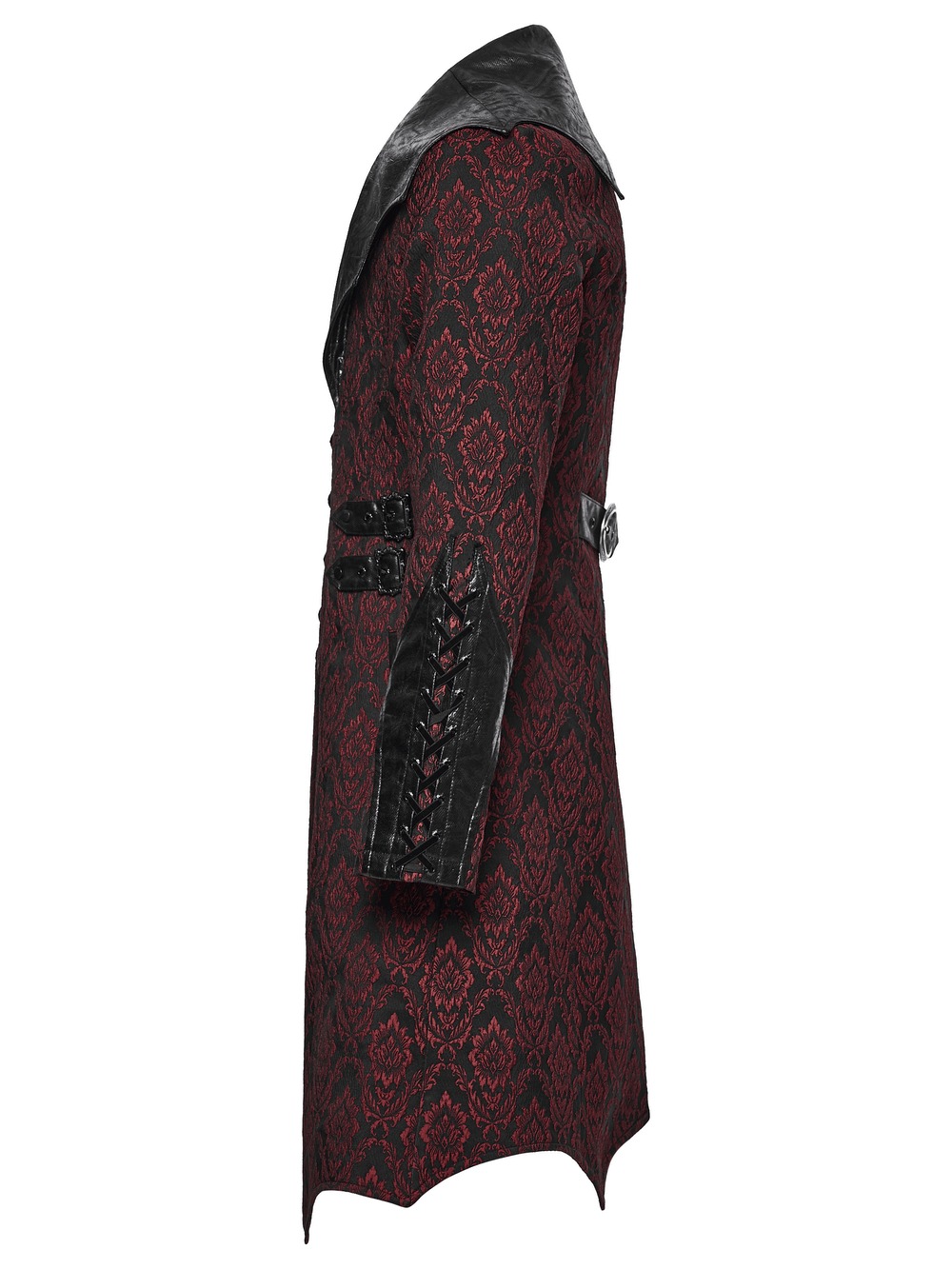 Male Gothic Jacquard Long Coat with Leather Details side view showcasing bat collar and intricate patterns.