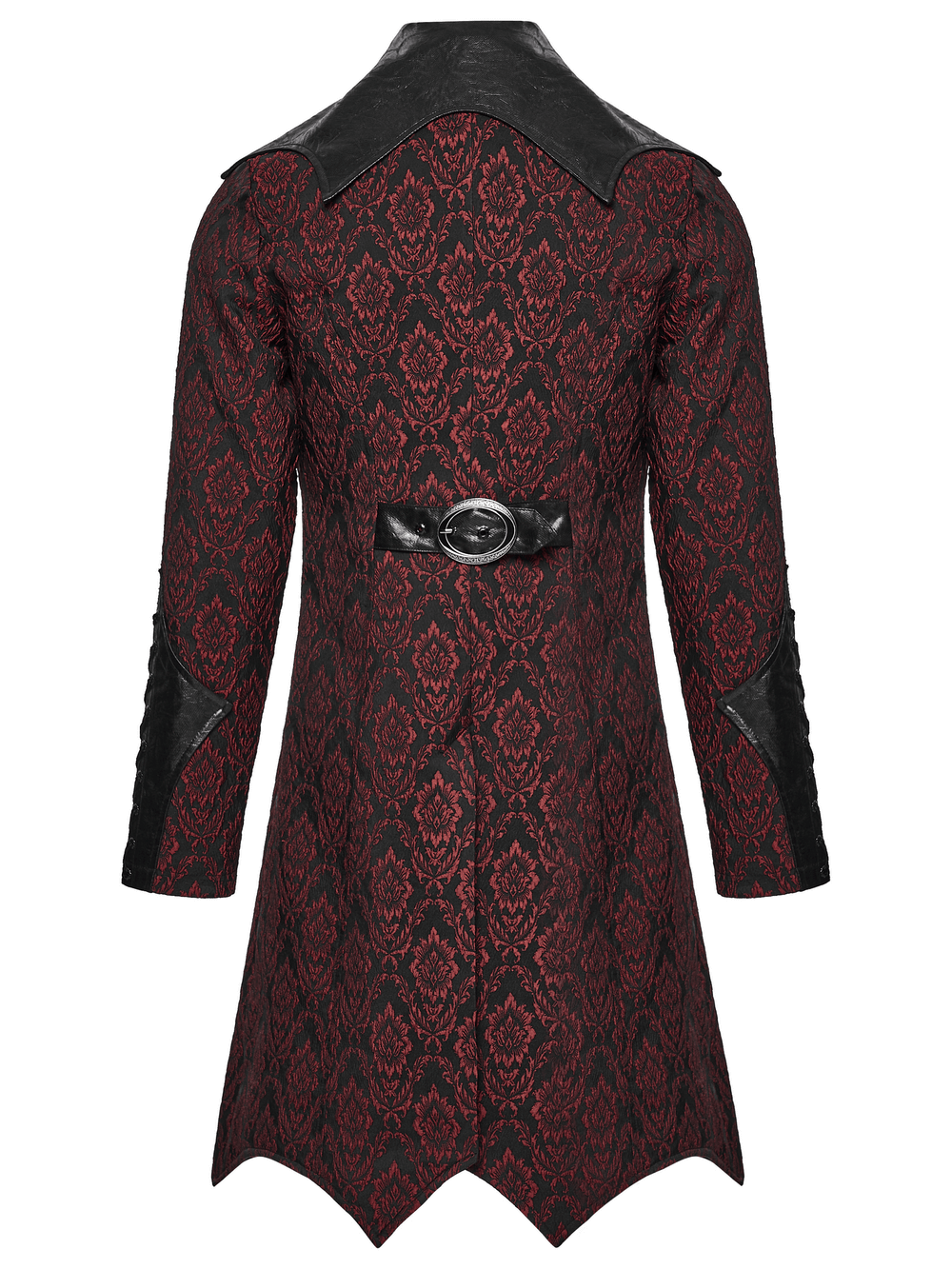 Male Gothic Jacquard Long Coat with Leather Details showcasing a dramatic bat collar and carved gemstone buttons.