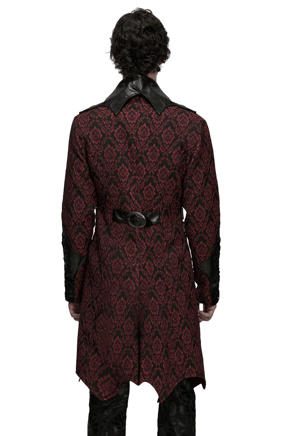 Male Gothic Jacquard Long Coat with Leather Details seen from the back, showcasing the bat collar and waistband.