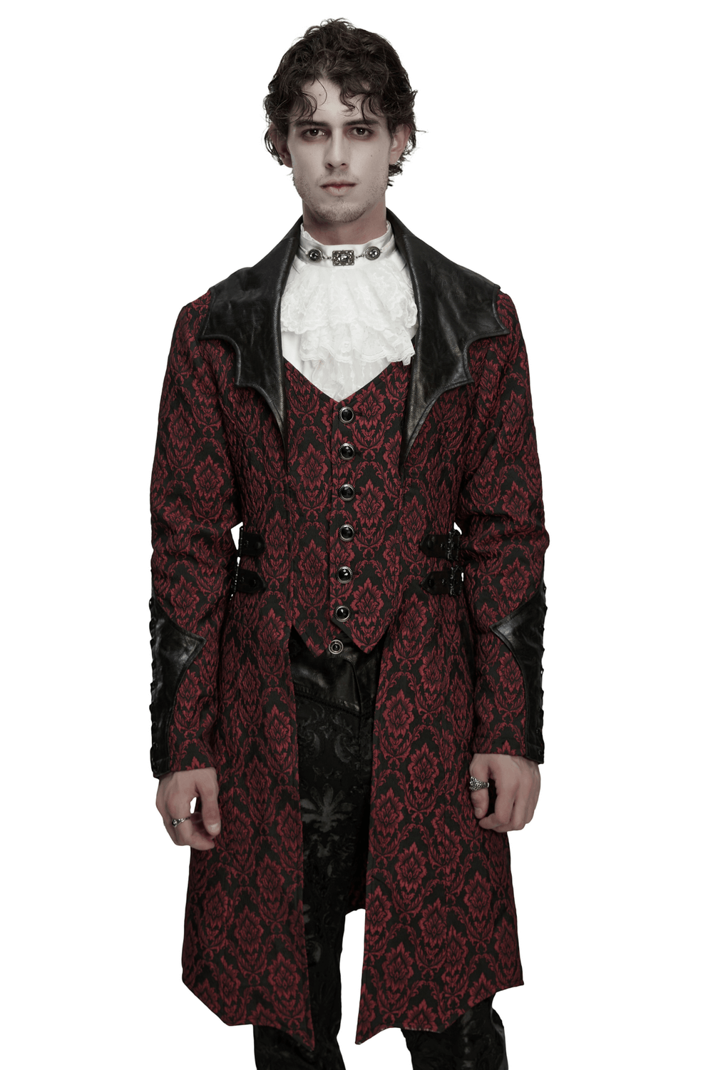 Male Gothic Jacquard Long Coat with Leather Details worn by a model showcasing its dramatic flair and gothic character.
