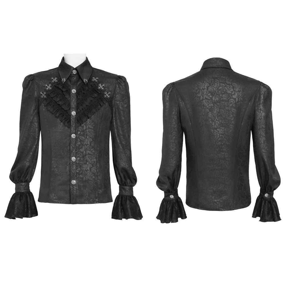Male Gothic Jacquard Shirt With Ruffles and Puff Sleeves featuring lace and cross buttons.