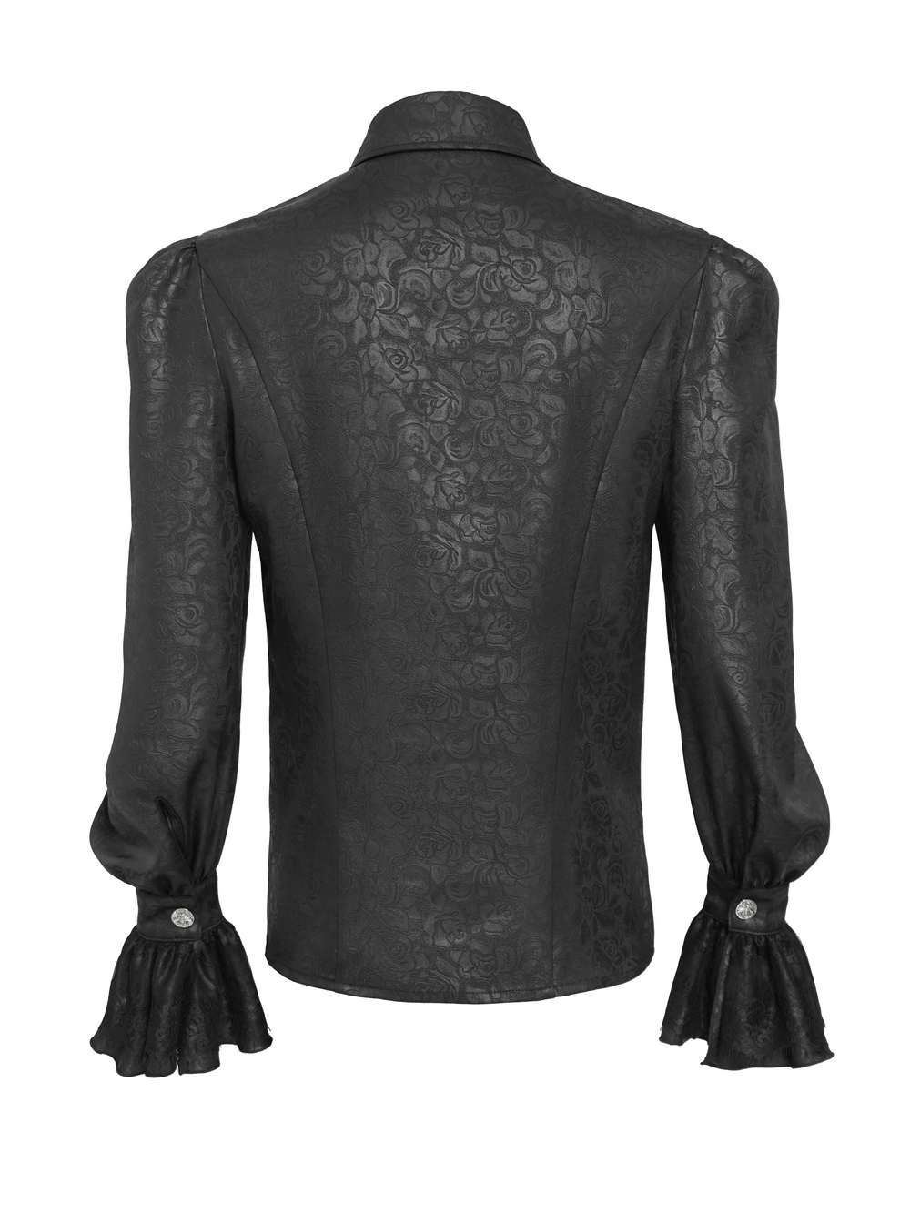 Male Gothic Jacquard Shirt With Ruffles and Puff Sleeves, back view showcasing intricate jacquard texture and ruffled cuffs.