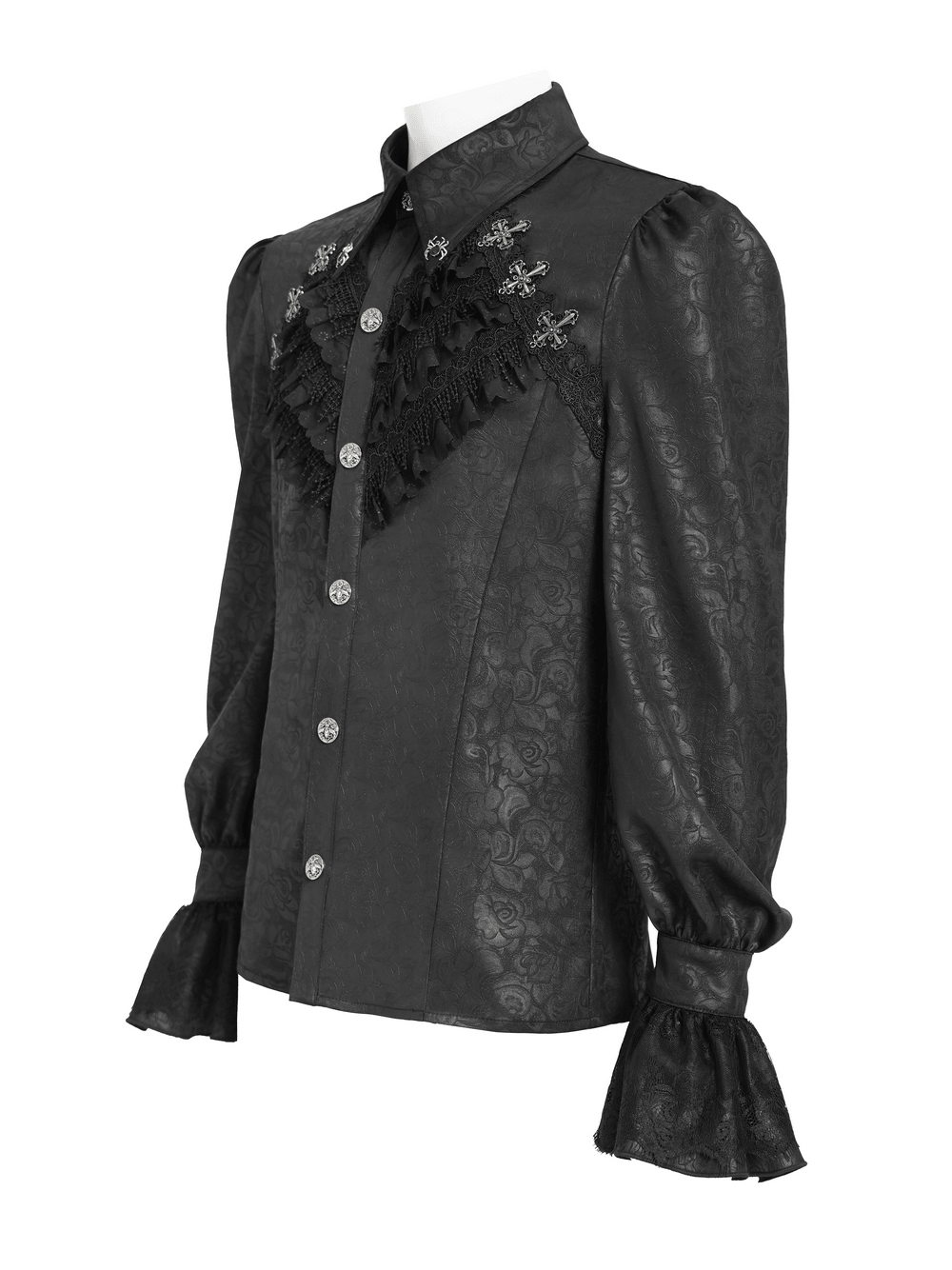 Male Gothic Jacquard Shirt With Ruffles and Puff Sleeves featuring lace trim and cross buttons.