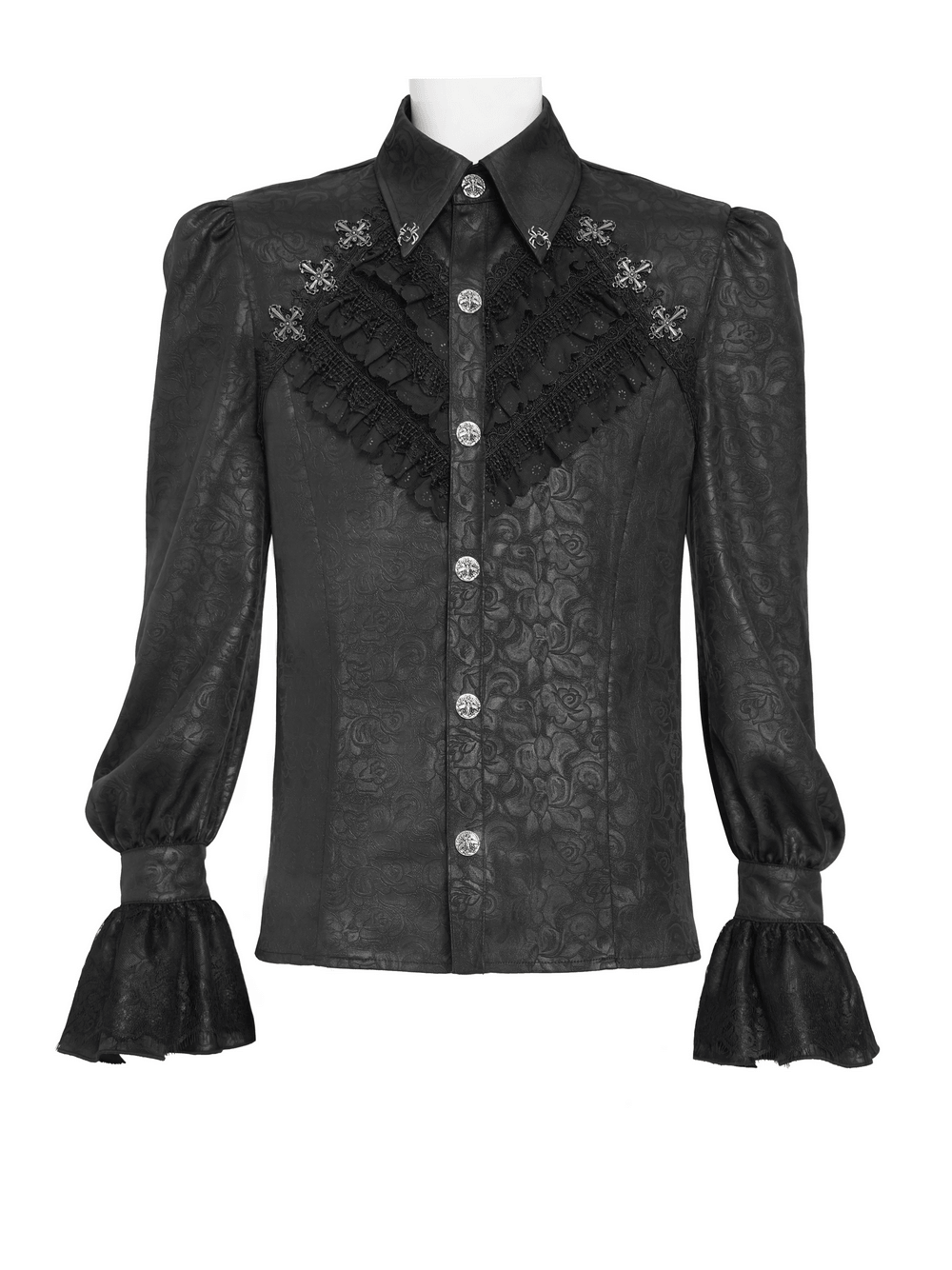 Male Gothic Jacquard Shirt With Ruffles and Puff Sleeves featuring lace trim and silver buttons.