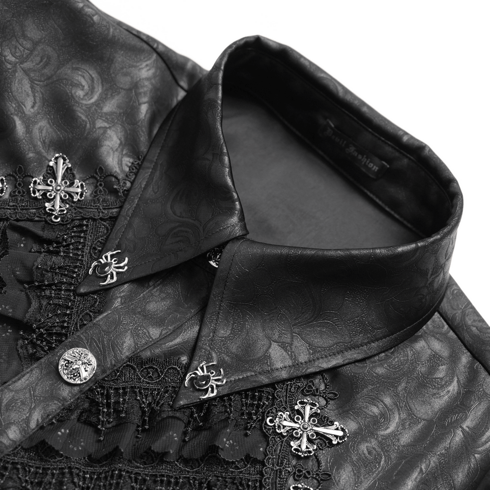 Male Gothic Jacquard Shirt With Ruffles and Puff Sleeves showcasing intricate silver buttons and lace details.